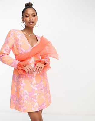 ASOS LUXE plunge blazer dress with chiffon sash and cuff in floral jacquard-Orange