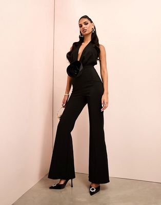 ASOS LUXE plunge corsage kickflare jumpsuit in black
