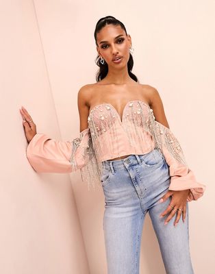 ASOS LUXE plunge corset embellished long sleeve crop top in dusty pink