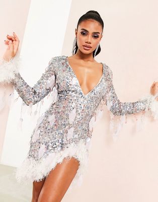 ASOS LUXE plunge neck asymmetric sequin mini dress with feather detail in silver-Blue