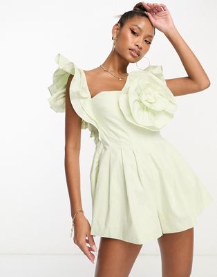 ASOS LUXE poplin romper with corsage and ruffle sleeves in soft green