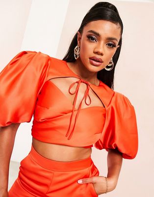 ASOS LUXE puff sleeve wrap satin top in red - part of a set
