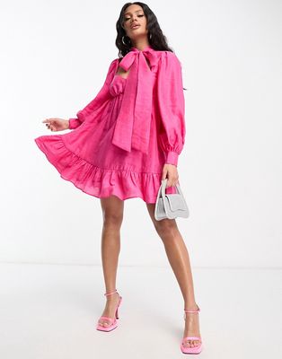 ASOS LUXE pussybow cupped mini dress with blouson sleeve in pink