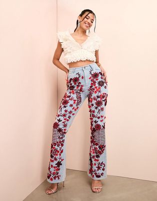 ASOS LUXE red jewel embellished flared jeans in mid wash-Blue
