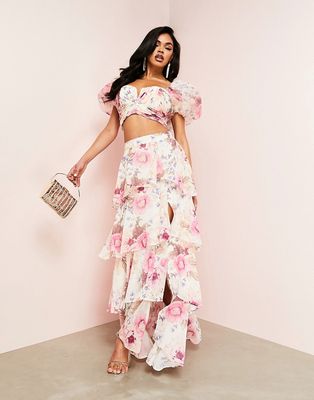 ASOS LUXE ruched wrap tiered maxi skirt in floral print - part of a set-Multi