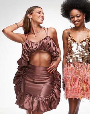 ASOS LUXE satin bubble ruffle mini skirt in chocolate - part of a set-Brown