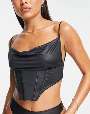 ASOS LUXE satin cowl front corset bikini top in black