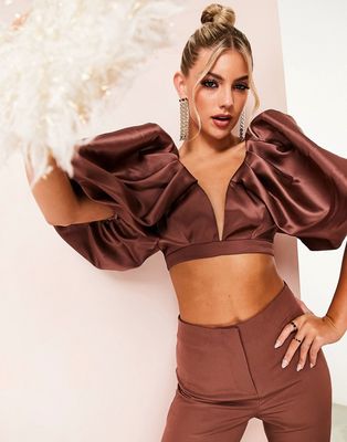 ASOS LUXE satin exaggerated puff sleeve plunge crop top in brown - part of a set