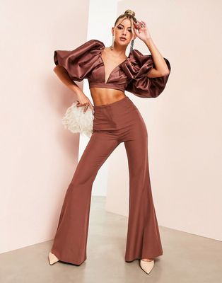 ASOS LUXE satin flare pants in brown - part of a set