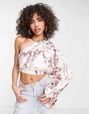 ASOS LUXE satin one sleeve cropped blouse in placement floral print-Multi