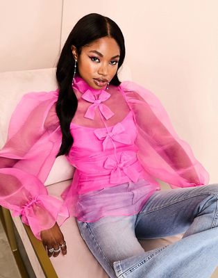 ASOS LUXE sheer pussybow top with puff sleeves in hot pink
