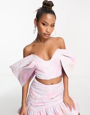 ASOS LUXE sweetheart extreme sleeve corsetted crop top in pastel floral jacquard - part of a set-Multi