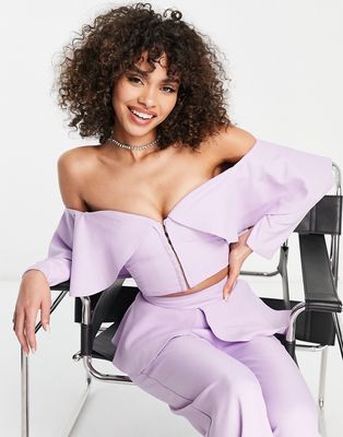 ASOS LUXE tailored top with frill overlay in lilac - part of a set-White
