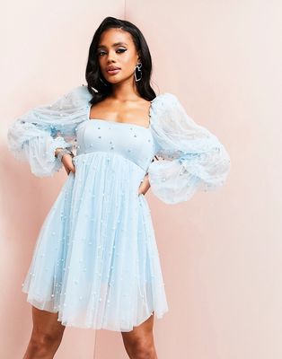 ASOS LUXE tulle baby doll dress with pearl embellishment in blue