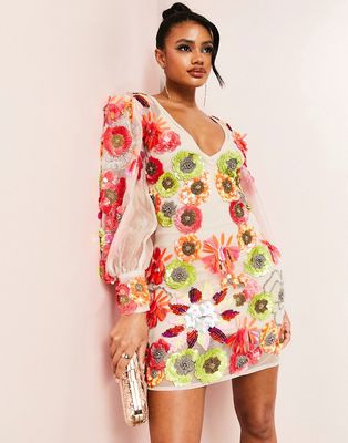 ASOS LUXE v neck sheer mini dress with placement embellished flowers in multi