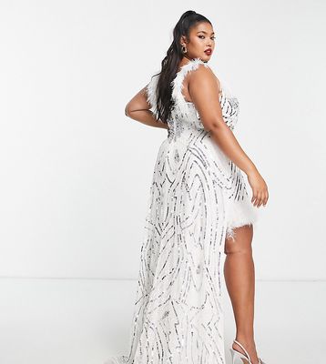 ASOS LUXE Wedding Curve embellished gemstone mini dress with faux feathers with train in white