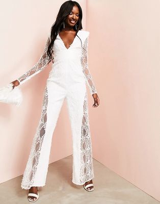 ASOS LUXE Wedding embellished lace plunge jumpsuit-White