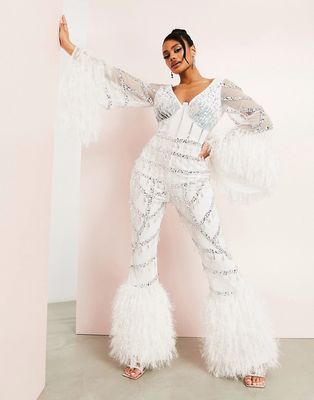 ASOS LUXE Wedding embellished wide leg jumpsuit with faux feather trim detail in white