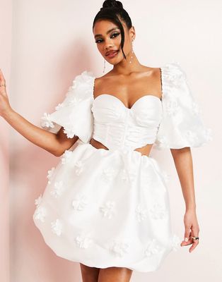 ASOS LUXE Wedding sweetheart corsetted puff sleeve mini dress with 3d flowers in white