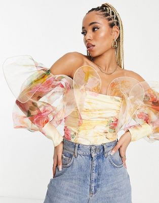 ASOS LUXE wire bardot lace bodysuit in floral print-Multi