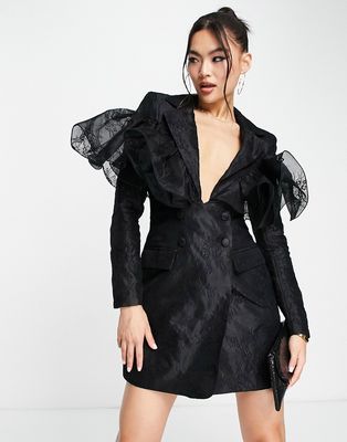 ASOS LUXE wired lace organza blazer dress in black
