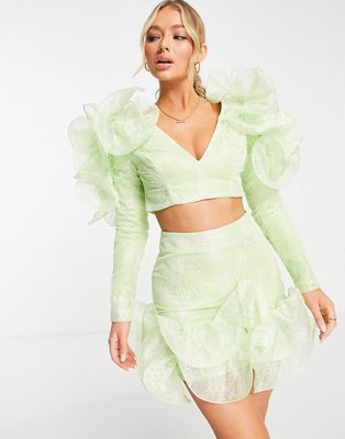 ASOS LUXE wired ruffle shoulder lace top in lime- part of a set-Green