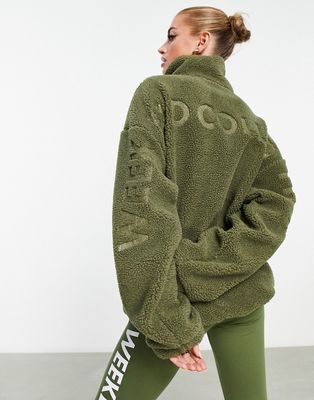 ASOS Weekend Collective half zip borg fleece with back burn out detail in khaki-Green