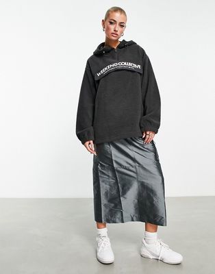 ASOS Weekend Collective half zip hoodie fleece with nylon pocket in slate-Gray