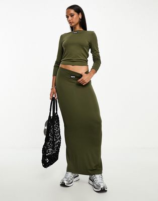 ASOS Weekend Collective jersey midi skirt with woven label in olive - part of a set-Green