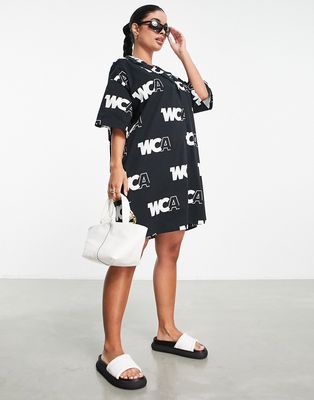 ASOS Weekend Collective jersey shirt dress with short sleeves in WCA all over print in black