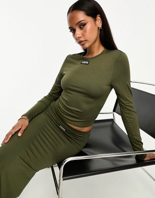 ASOS Weekend Collective long sleeve jersey top with woven label in olive - part of a set-Green