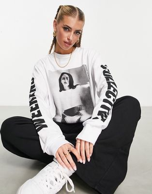 ASOS Weekend Collective long sleeve t-shirt with photographic print in white
