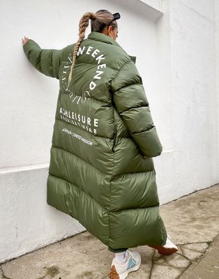 ASOS Weekend Collective maxi padded coat with back graphic in khaki-Green