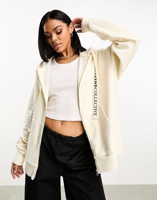 ASOS Weekend Collective over sized zip through hoodie with branded drawcord in cream-White