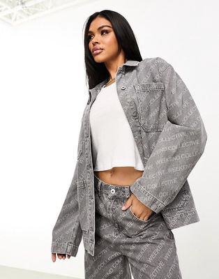 ASOS Weekend Collective oversized laser print denim jacket in washed gray - part of a set
