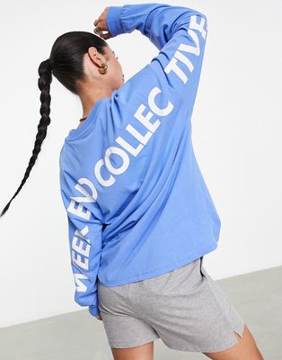 ASOS Weekend Collective oversized long sleeve T-shirt with back logo in blue