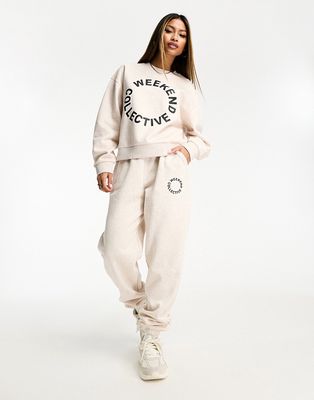 ASOS Weekend Collective oversized sweatpants with black logo in oatmeal heather - part of a set-Neutral