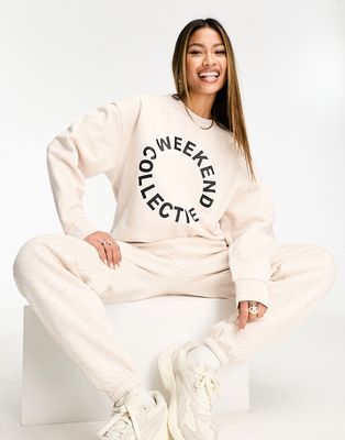 ASOS Weekend Collective oversized sweatshirt with black logo in oatmeal heather - part of a set-Neutral