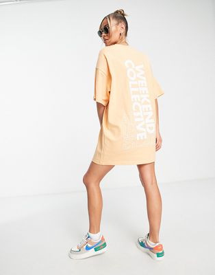 ASOS Weekend Collective oversized T-shirt dress with back graphic in apricot-Orange