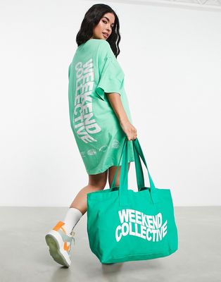 ASOS Weekend Collective oversized T-shirt dress with wavy back logo in green