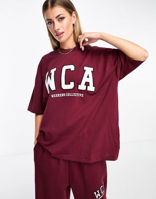 ASOS Weekend Collective oversized T-shirt with WCA logo in burgundy-Red