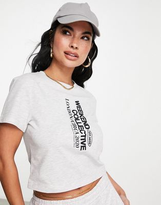ASOS Weekend Collective T-shirt with vertical stacked graphic in ice heather - part of a set-Gray