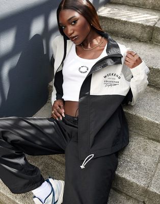 ASOS Weekend Collective track jacket in neutral and black