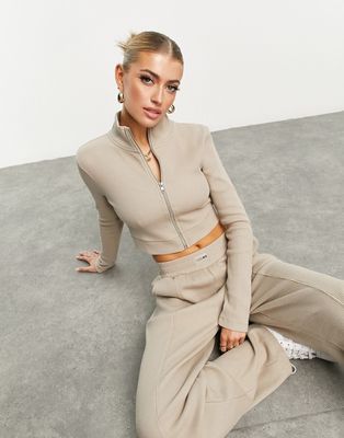 ASOS Weekend Collective waffle fitted zip through sweat in neutral