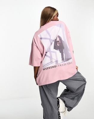 ASOS Weekend Collective washed T-shirt with photographic print in washed pink