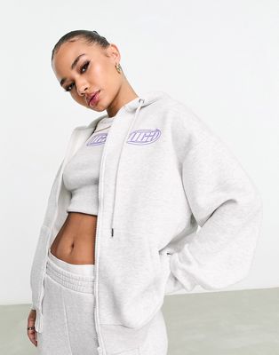 ASOS Weekend Collective zip up hoodie in ice heather with back wca logo-Gray