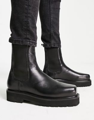 ASRA cacti square toe high shaft chelsea boots in black leather