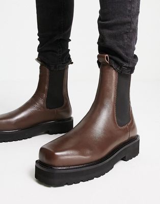 ASRA cacti square toe high shaft chelsea boots in brown leather