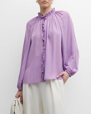 Aster Ruched Blouson-Sleeve Ruffle-Trim Blouse