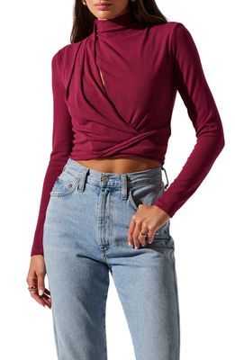 ASTR the Label Asymmetric Pleated Cutout Mock Neck Long Sleeve Top in Berry